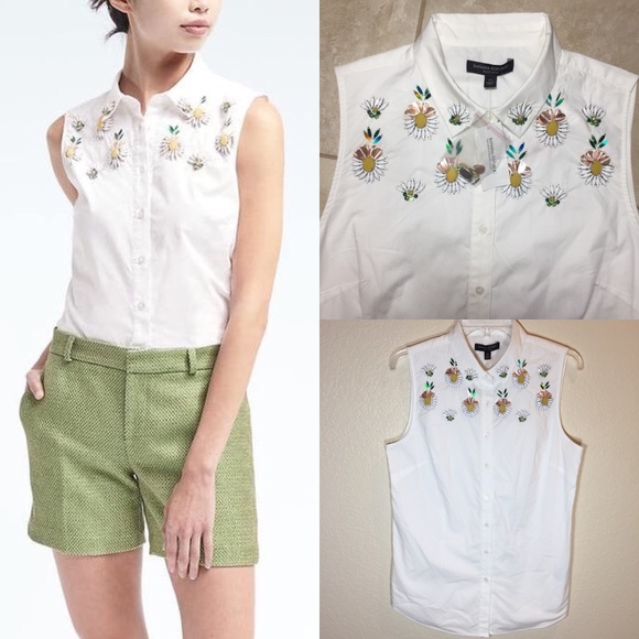 Banana Republic Tops - BANANA REPUBLIC White Collar Sleeveless Embroider